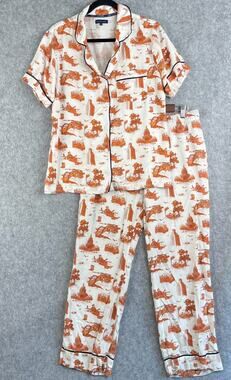 Katie Kime Austin Texas Toile Pajama Top Pant Set Womens Medium Cotton Texas